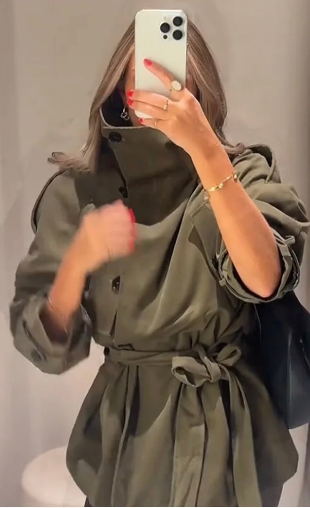 Solid Lace up Women Coat 