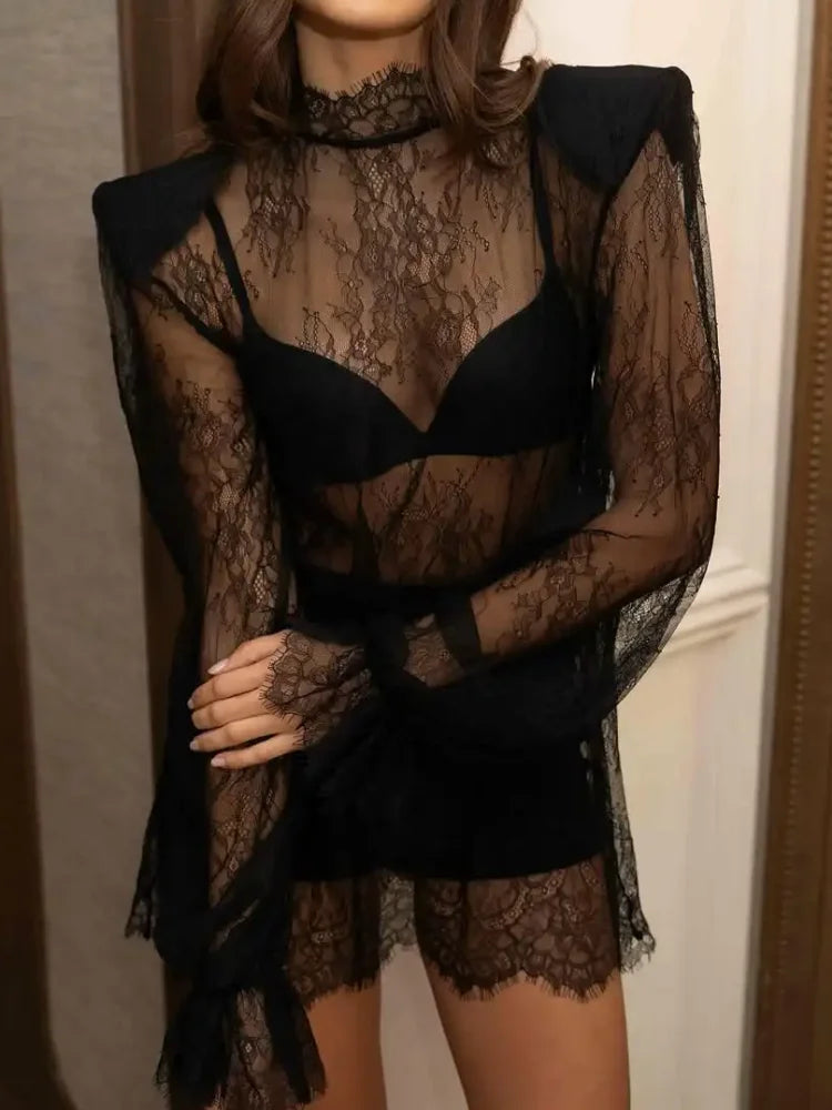 Chic Black Lace See through Top