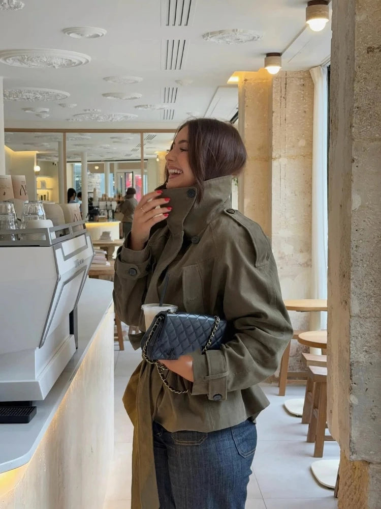 Solid Lace up Women Coat 