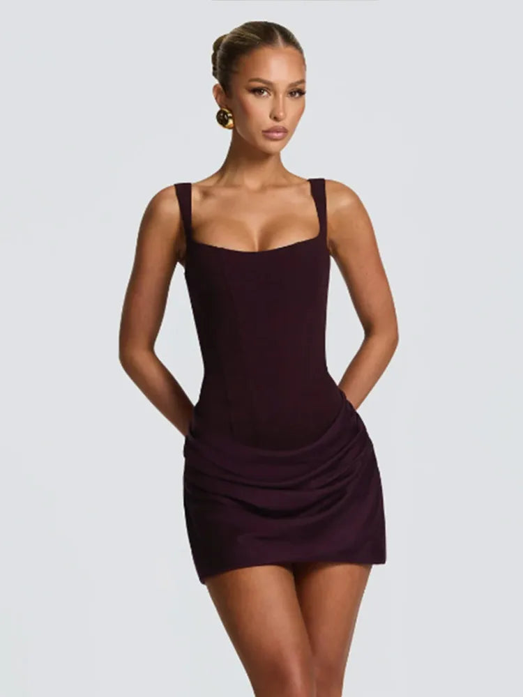Solid Pleated Hem Sling Mini Dress 